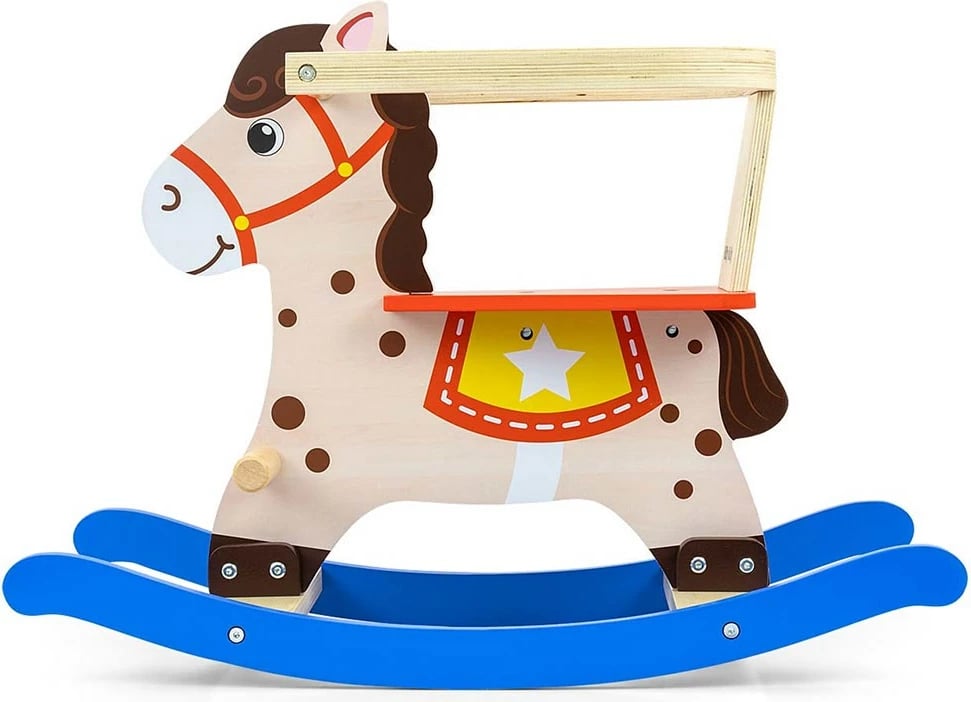 kalë luhatëse druri, Milly Mally Lucky 12, me mbështetëse shpine dhe barriera të heqshme, për fëmijë 12–36 muaj, ngjyrë blu-kuqe