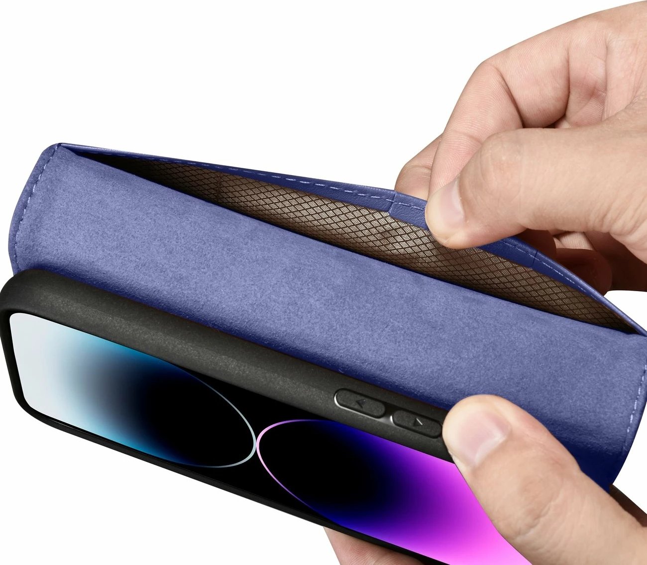 Mbështjellës portofol iCarer për iPhone 14 Pro Max, lëkurë natyrale, anti-RFID, vjollcë e lehtë