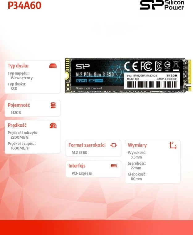 SSD Silicon Power P34A60, 512GB, M.2 2280, PCIe Gen3x4, NVMe, i zi