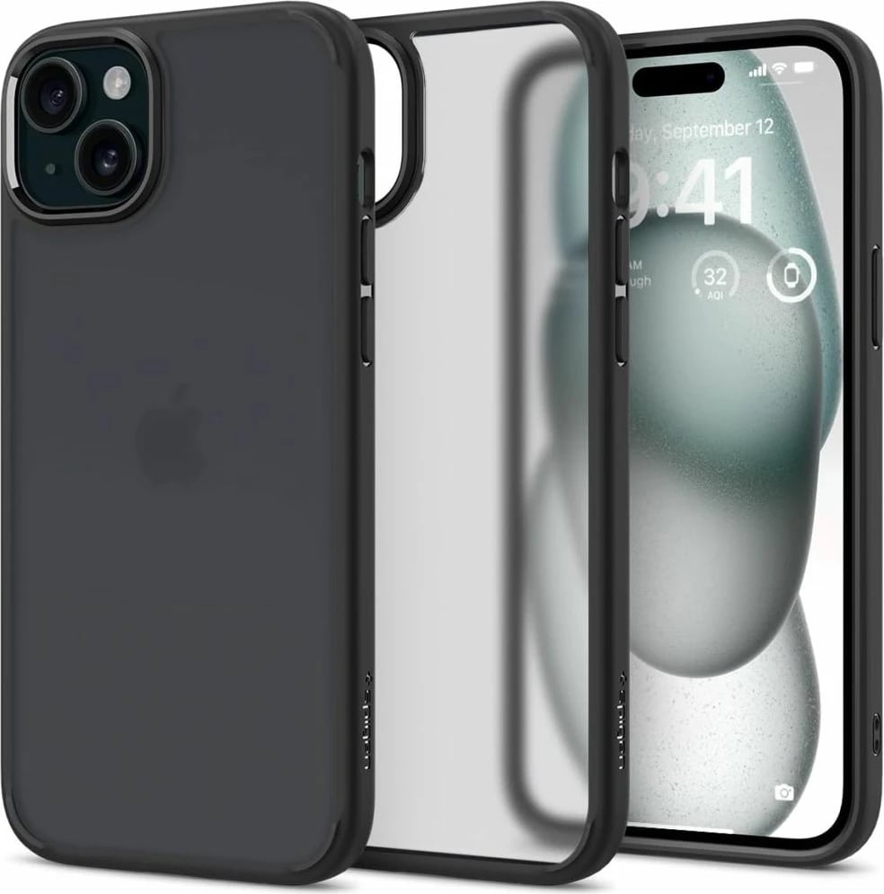 Mbështjellës Spigen Ultra Hybrid për iPhone 15, frost black, Transparent/Black