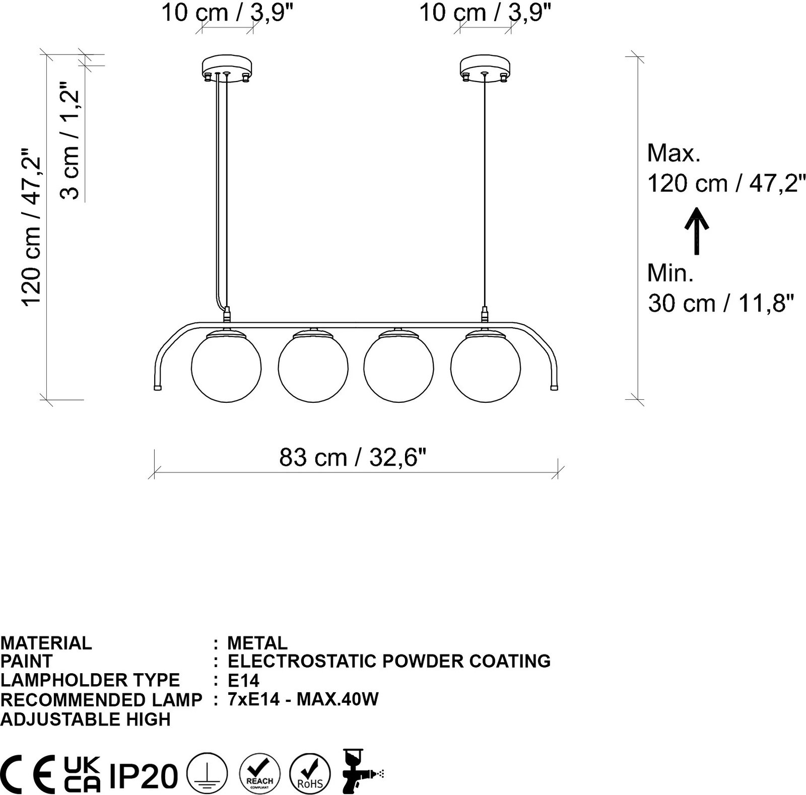 Llambë tavani Opviq, Antler, e zezë, 30-120cm