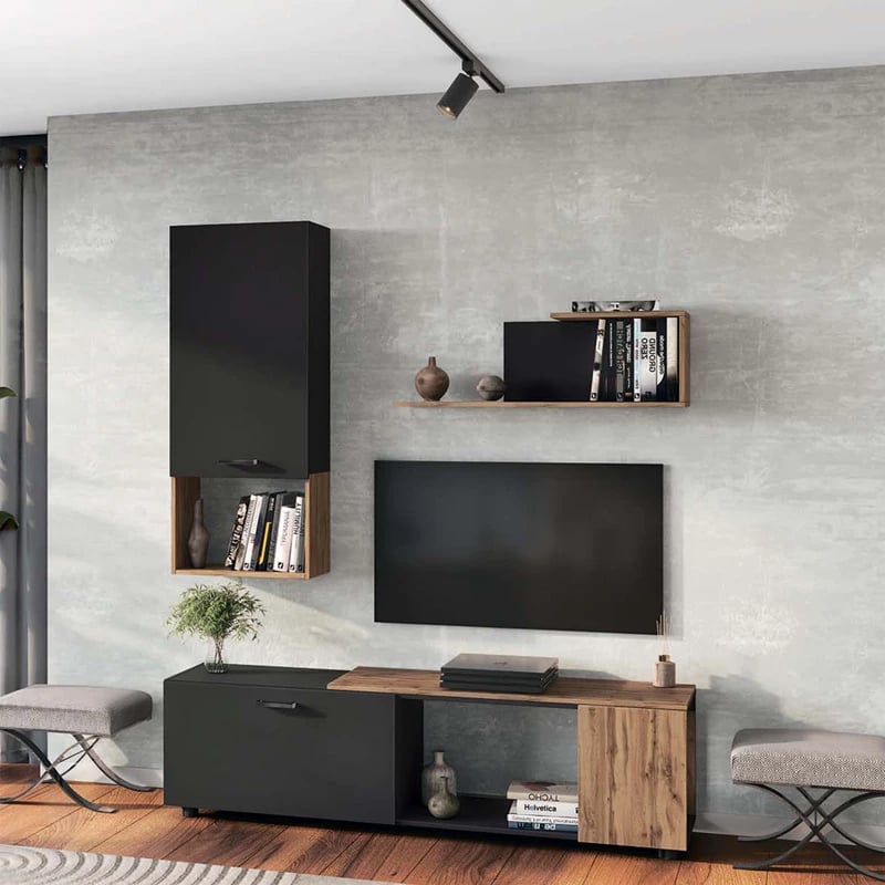 Kompleks dhome ndeje Poelfy, ngjyrë gri e errët-lisi, 170x37.5x42cm