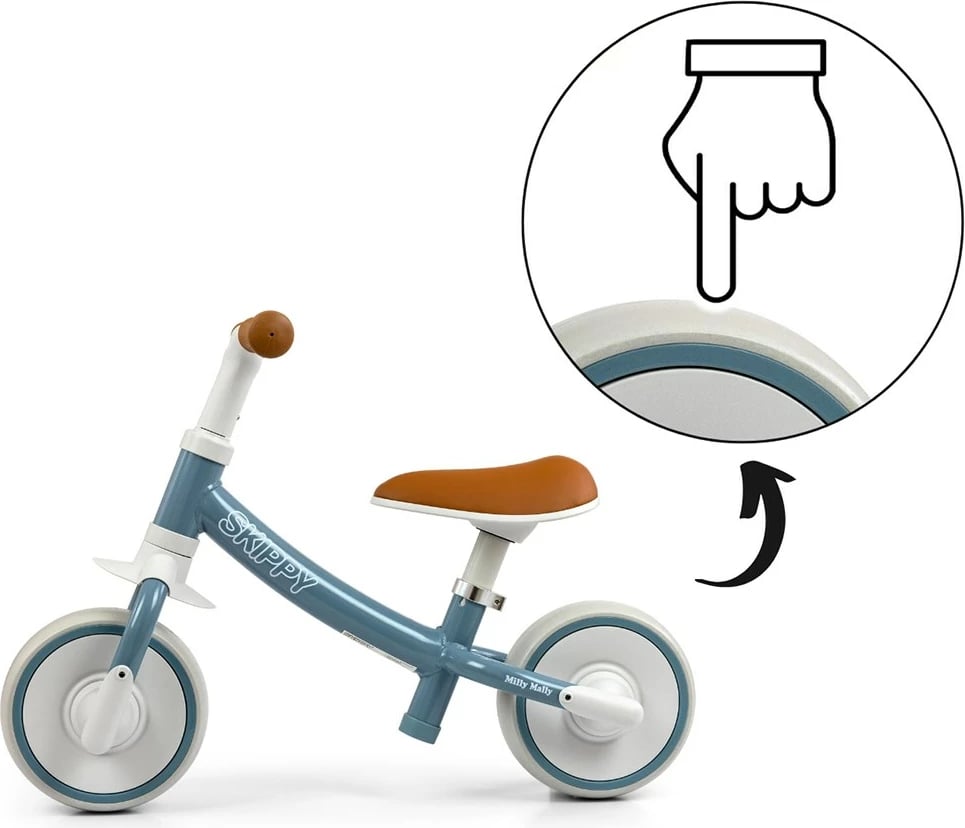 Biçikletë ekuilibri, Milly Mally, Skippy, rrota EVA pa shpime, kornizë çeliku, ulëse e rregullueshme, 18+ muaj, blu