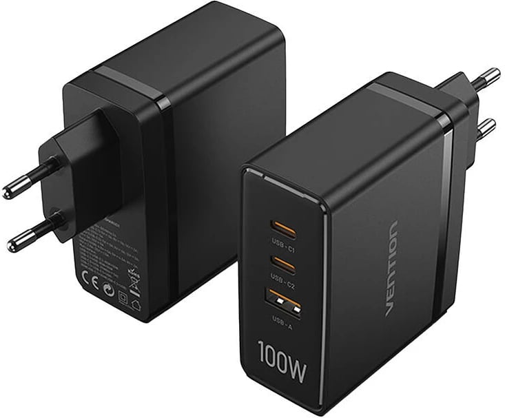 Karikues rrjeti Vention FEGB0-EU, 3 porta (2x USB-C 100W, 1x USB-A 30W), GaN, i zi