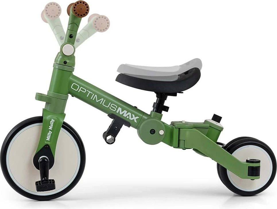 Tricikël & biçikletë balancuese 5‑në‑1 me dorezë prindi, Milly Mally Optimus Max, rrota shkumë, kornizë çeliku, 12M+, e gjelbër