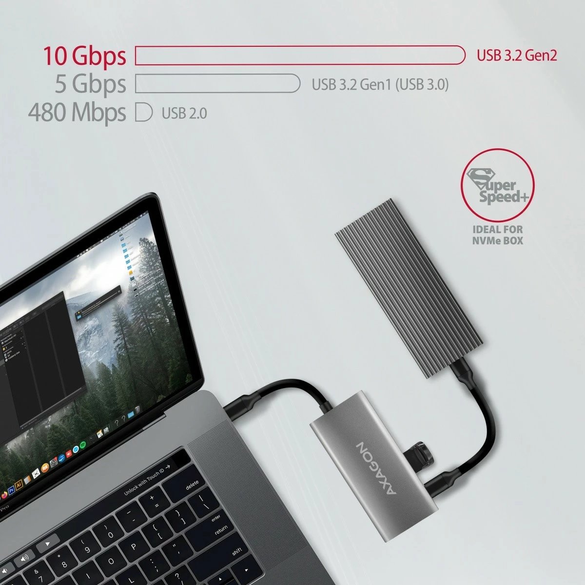 Hub USB AXAGON HMC-4G2, 4 porta (2x USB-A, 2x USB-C), USB 3.2 Gen 2, kabllo USB-C 13cm, zi/gri