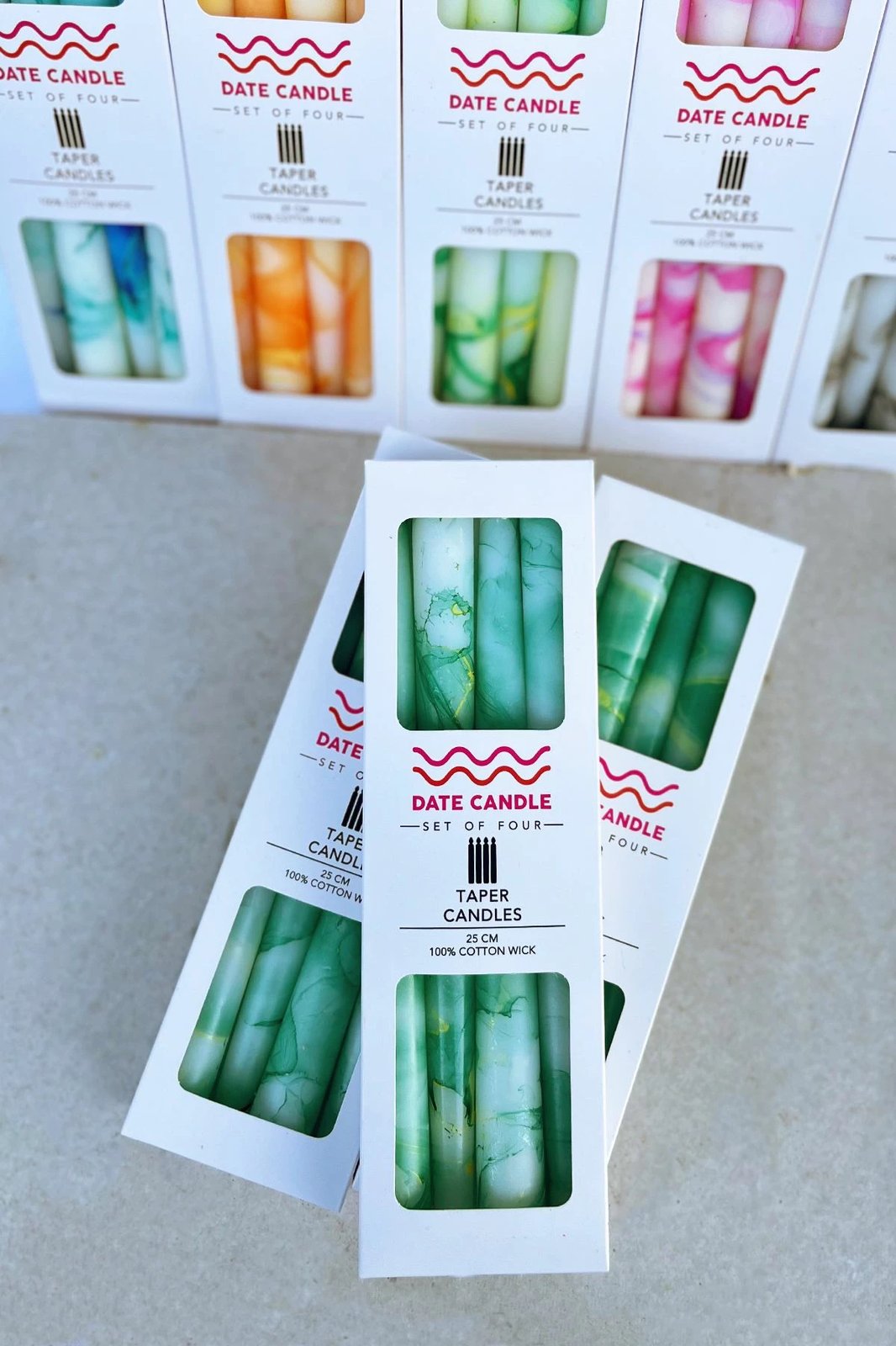 Qirinj të gjatë Date Candle, ngjyrë e gjelbër, Evila Originals, set prej katër copash