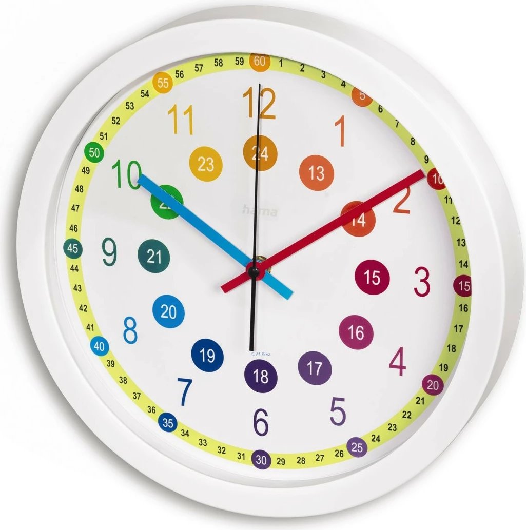 Orë muri Hama Easy Learning, 30cm, analoge, shumëngjyrëshe, e bardhë