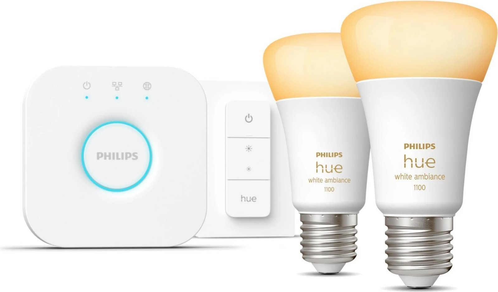 Kit ndriçimi i mençur Philips Hue White ambience, 2 llamba E27 (1100) + switch dimmer, Bluetooth/Zigbee, LED, E27, A60, Bardhë Kit ndriçimi i mençur Philips Hue White ambience, 2 llamba E27 (1100) + switch dimmer, Bluetooth/Zigbee, LED, E27, A60, Bardhë