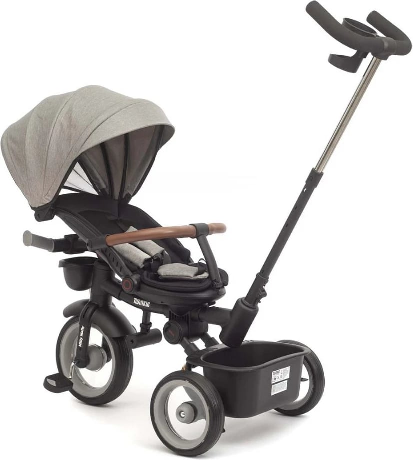 tricikletë për fëmijë, Milly Mally Twinkle, sedilje rrotulluese 180°, timon prindëror i rregullueshëm, dritë LED, kornizë çeliku, gri
