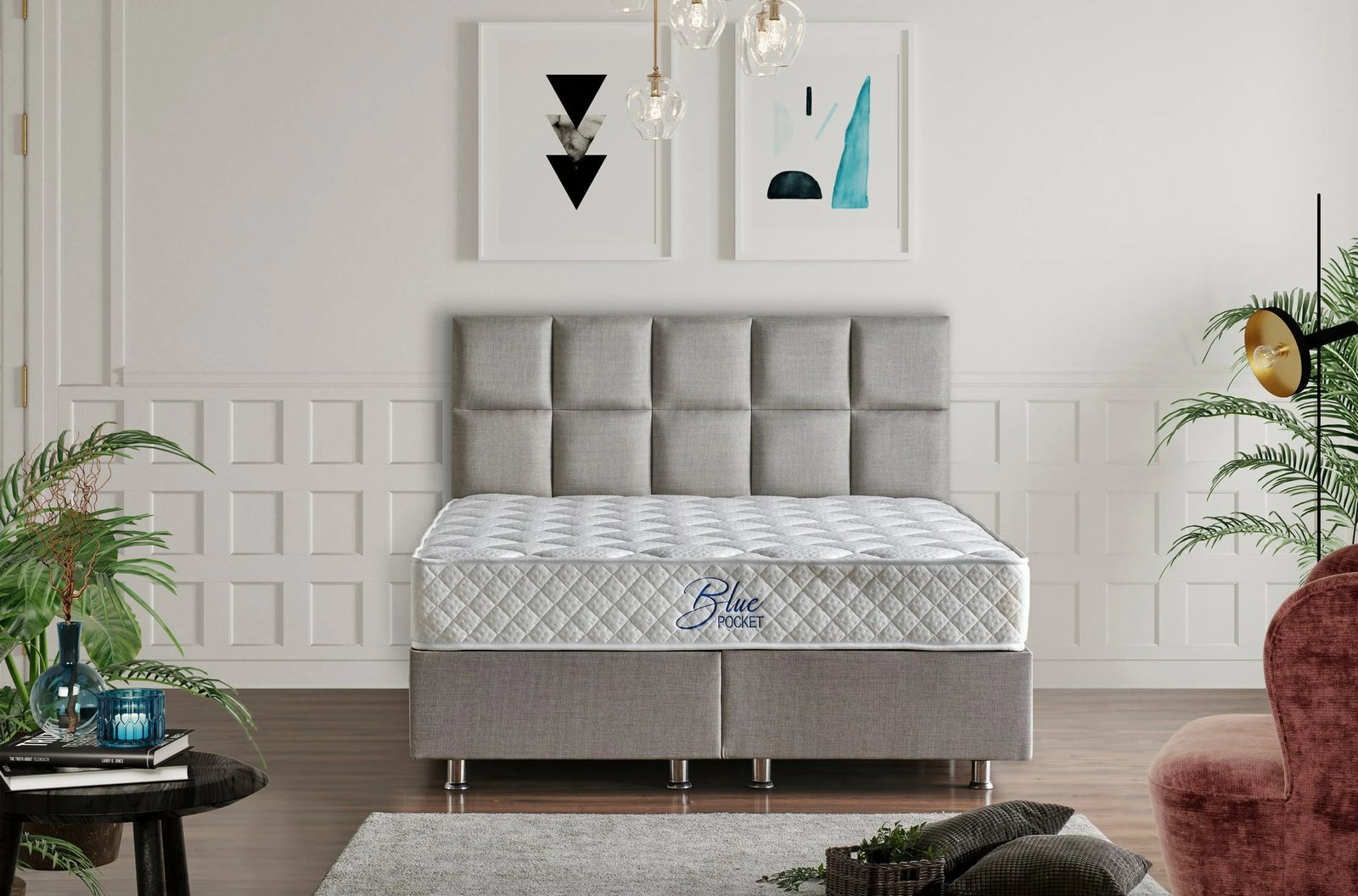 Dyshek dopio Skye Decor, Blue Pocket RollPack, 200x200 cm, i bardhë