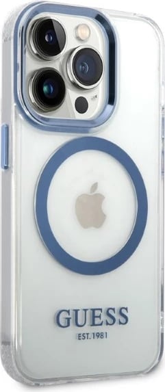Mbështjellës Guess Metal Outline Magsafe për iPhone 14 Pro Max 6.7", kaltër/transparente