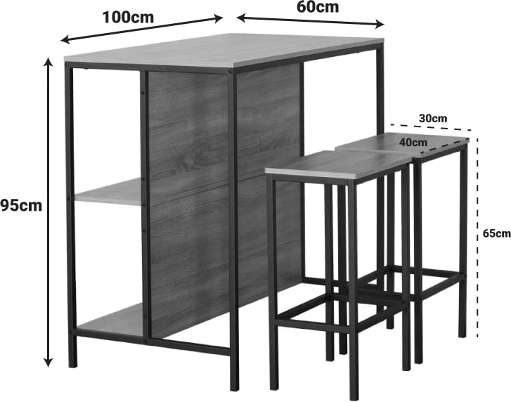 Set tavolinë me karrige për bar, ngjyrë lisi me metal të zi, Bailon, 100x60x95cm