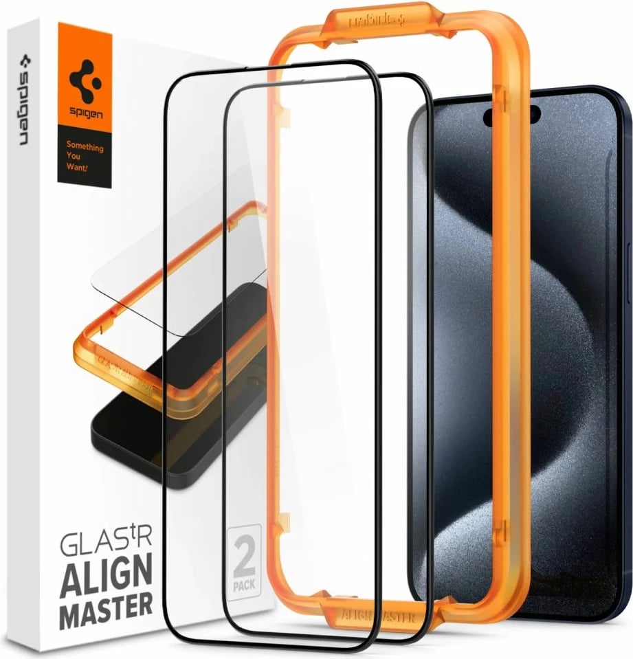 Xham i temperuar Spigen Glass tR AlignMaster për iPhone 15 Pro, 2 copë, Zi