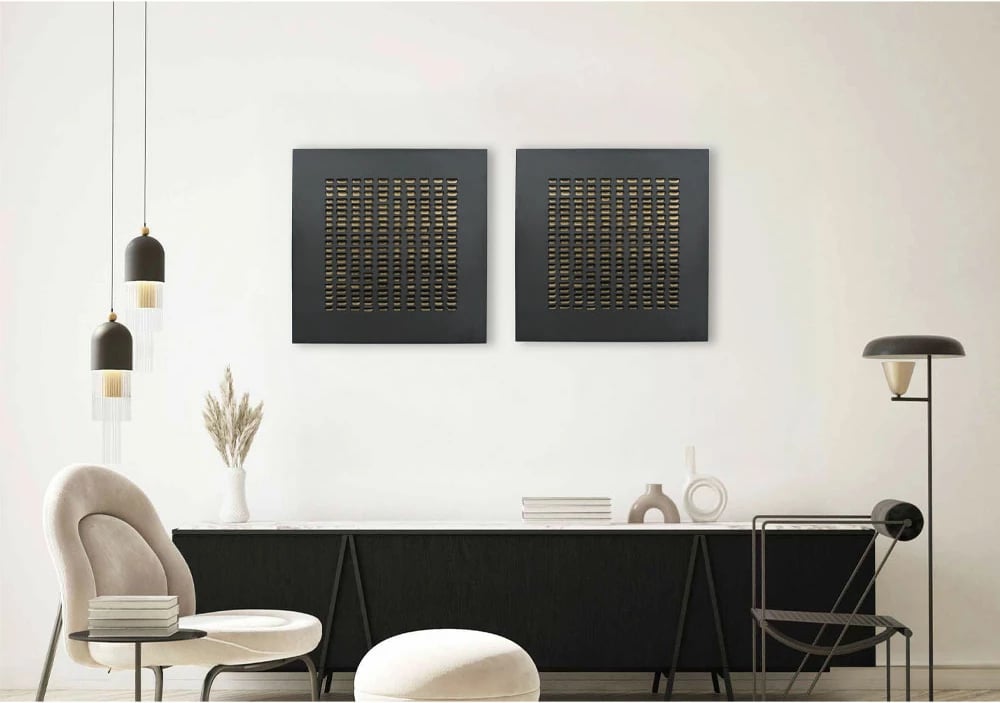 Pikturë dekorative Escape, metal i zi, detaje të arta, 80x80x5cm