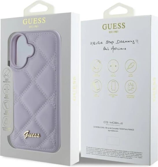 Mbështjellës Guess Quilted Metal Logo për iPhone 16, vjollcë e çelët