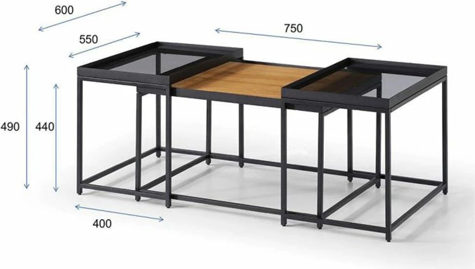 Set tavolinash kafeje Harmonica, 3 copë, natyrale, xham i tymosur, e zezë, 75x55x44