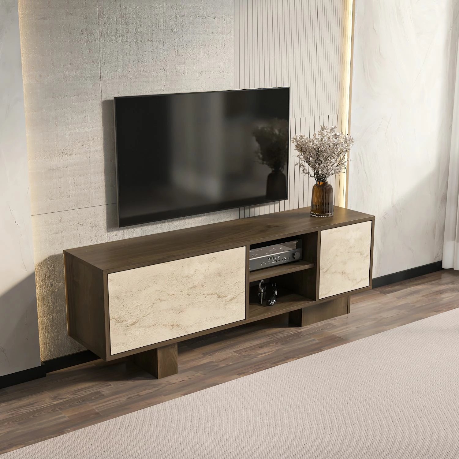 Komodë TV Skye Decor, ngjyrë arre, travertin