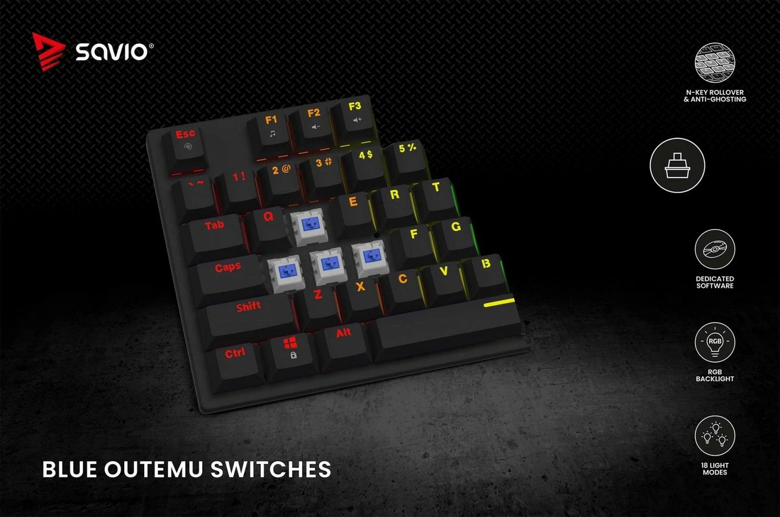 Klaviturë mekanike Savio Tempest X2, Outemu Blue, RGB, e zezë Klaviturë mekanike Savio Tempest X2, Outemu Blue, RGB, e zezë