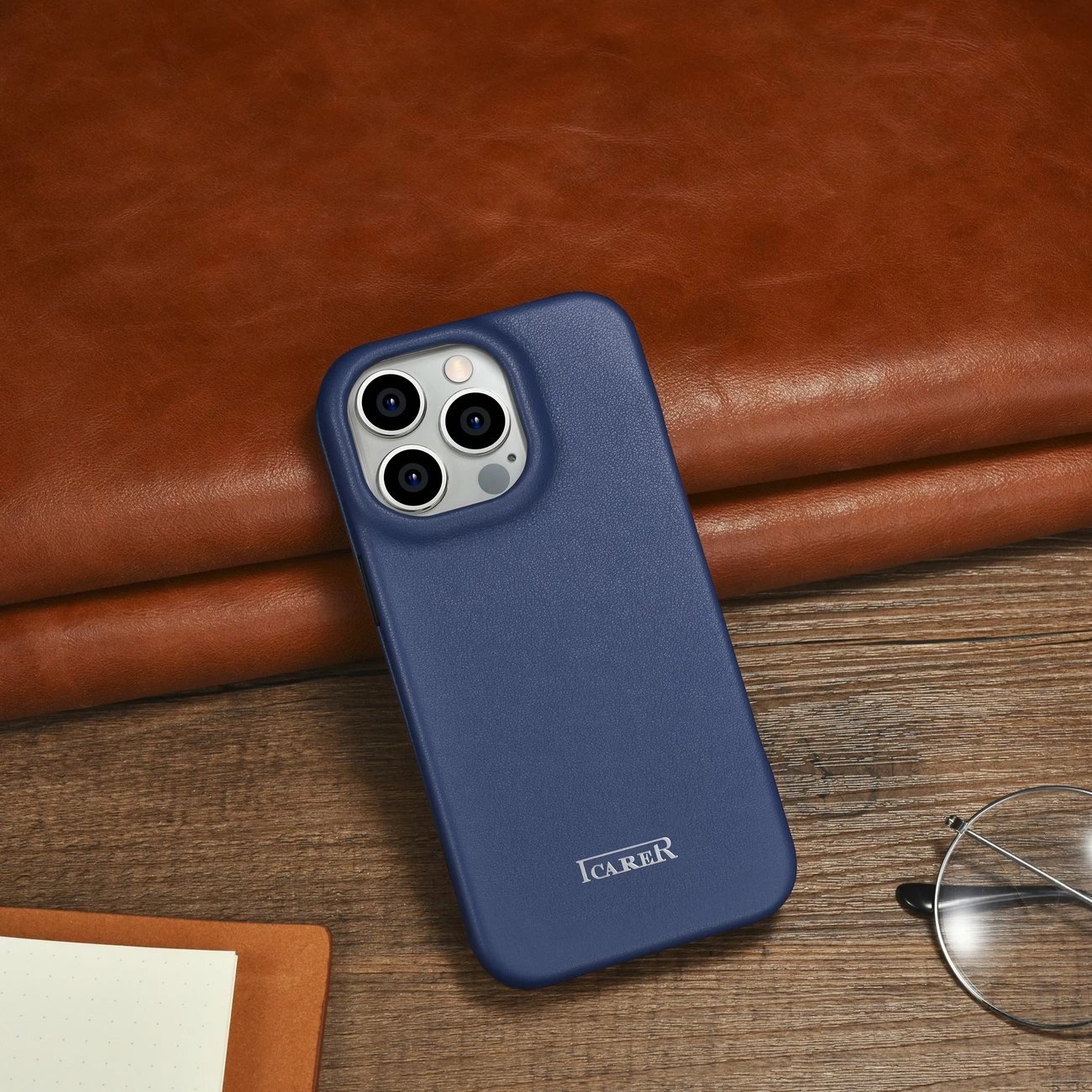 Mbështjellës iCarer CE Premium lëkurë folio për iPhone 14 Pro, MagSafe, Blu