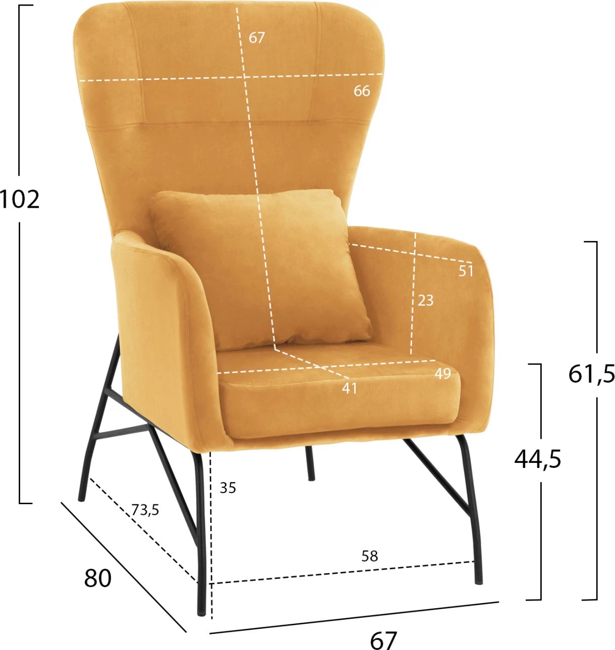 Karrige DANIA, kadife ari, këmbë metalike të zeza, FH8721.09, 67x80x102 cm