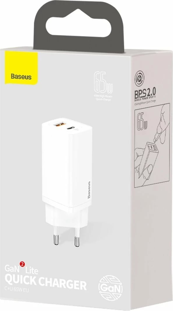 Karikues udhëtimi Baseus GaN2 Lite 65W, USB-C + USB-A, i bardhë