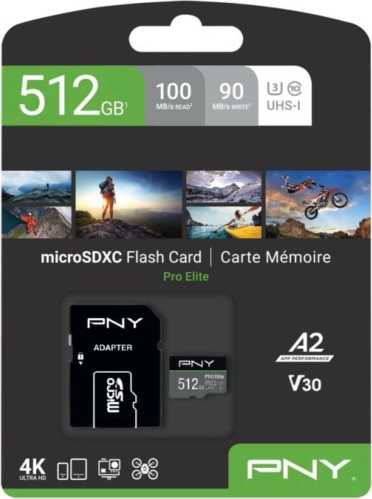 Kartë memorje microSDXC, PNY, P-SDUX512U3100PRO-GE, 512GB U3 A2 V30, deri 100MB/s leximi 90MB/s shkrimi