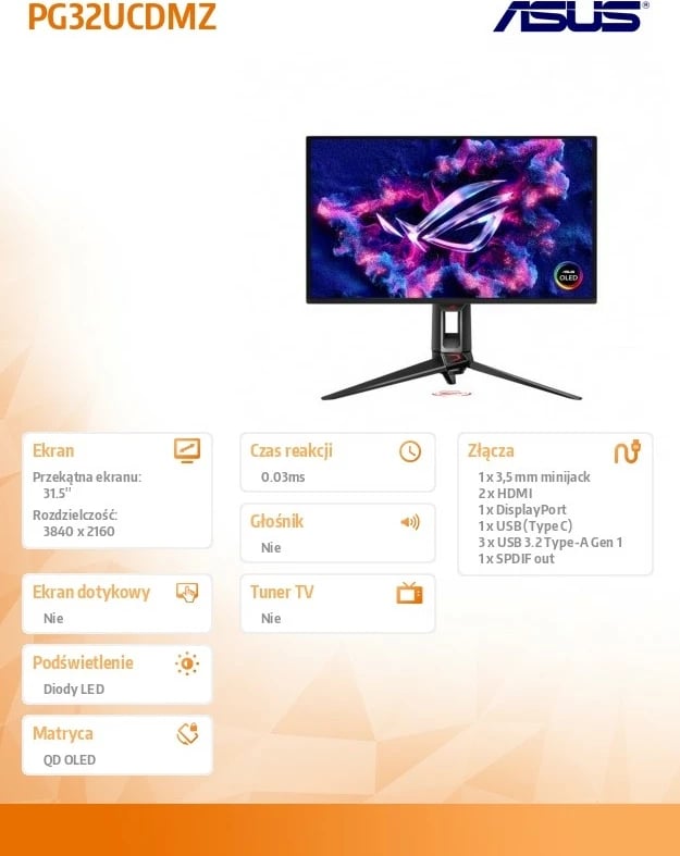 Monitor gaming, Asus, PG32UCDMZ, 32" 4K QD-OLED 240Hz 0.03ms, HDMI 2.1 DP USB-C 90W, i zi