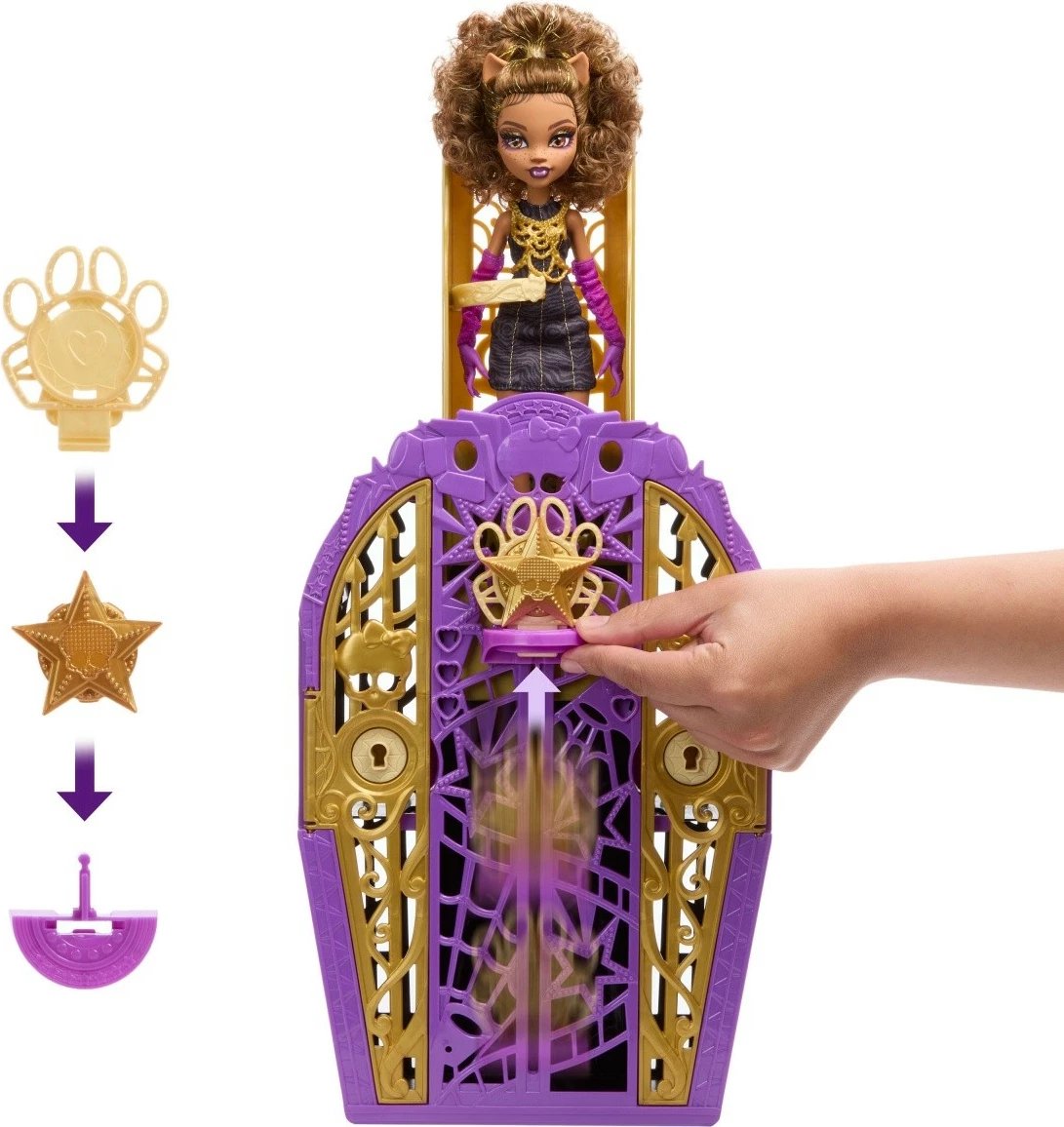 Set lodër Monster High Mattel Clawdeen Wolf Secret Secrets me dollap dhe aksesorë, vjollcë/artë