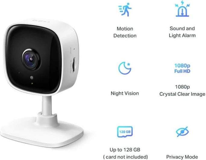 Kamerë sigurie IP, TP-Link Tapo C100, 1080p 2MP, Wi‑Fi, audio dy-drejtimësh, vizion nate 9 m, microSD deri 128GB, e bardhë