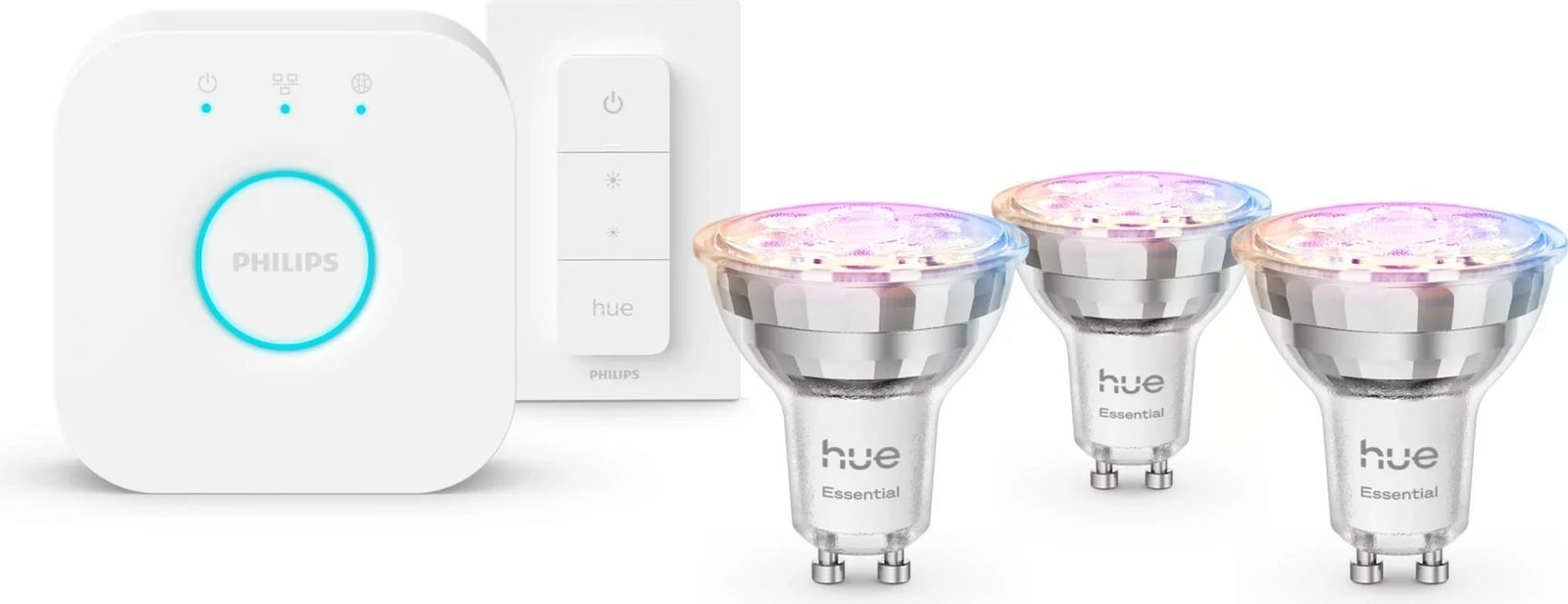 Set ndriçimi i mençur Philips Hue Essential GU10 3 llamba + Switch + Bridge V2