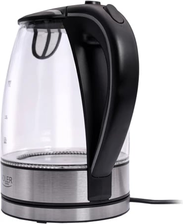 Çajnik elektrik, Adler AD 1225, 1.7 L, qelq, 1850–2200W, bazë 360°, ndriçim LED, filtër sedimenti, e zezë