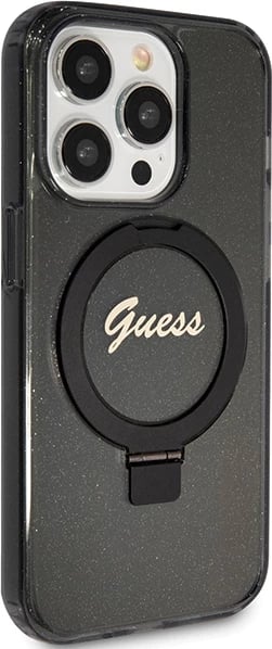Mbështjellës Guess Ring Stand Script Glitter MagSafe për iPhone 15 Pro, i zi