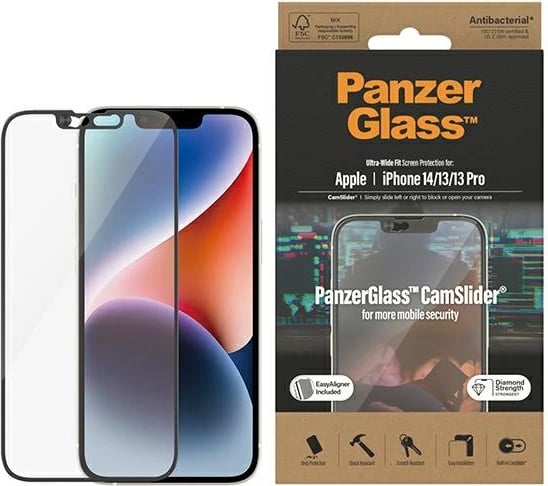 Mbrojtës ekrani xhami PanzerGlass Ultra-Wide Fit CamSlider për iPhone 14/13/13 Pro, antibakterial, me mbulesë kamere