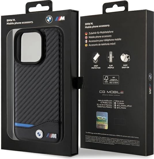 Mbështjellës BMW Leather Carbon MagSafe për iPhone 15 Pro, i zi