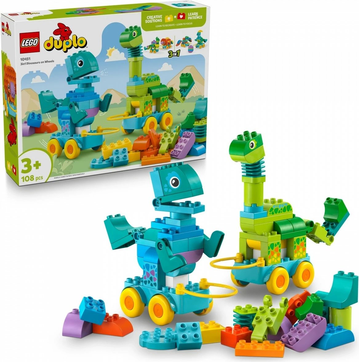 Set lodrash LEGO DUPLO 3-në-1 Dinosaurë me rrota, 108 pjesë, për fëmijë, shumëngjyrësh