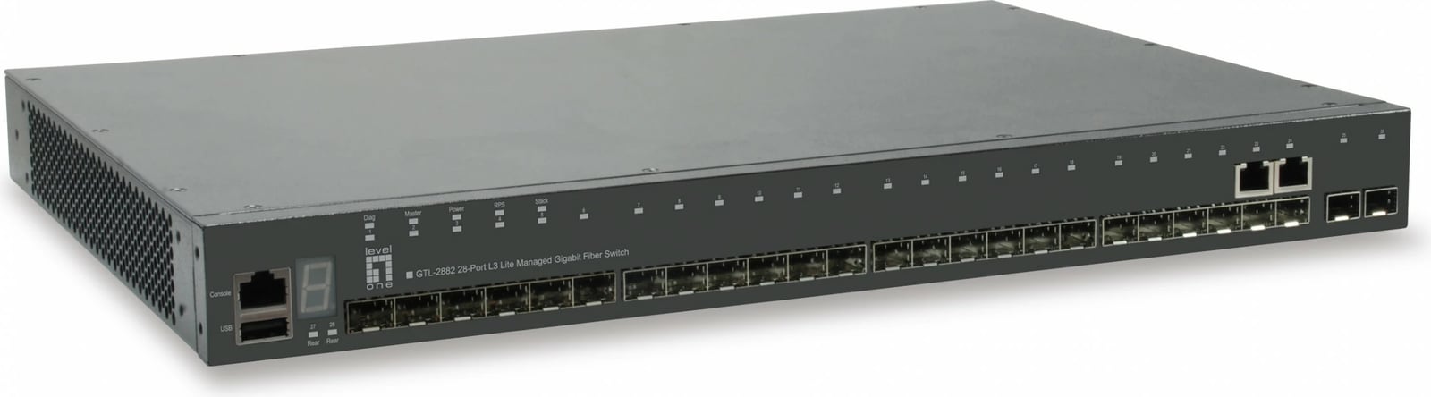 Switch LevelOne KILBY 28-Port Stackable L3 Lite Managed Gigabit Fiber Optic, 2 x Gigabit SFP/RJ45 Combo, 2 x 10GbE SFP+, 1 x 10GbE Module Slot, i menaxhuar, L3, Full duplex, montim në rack