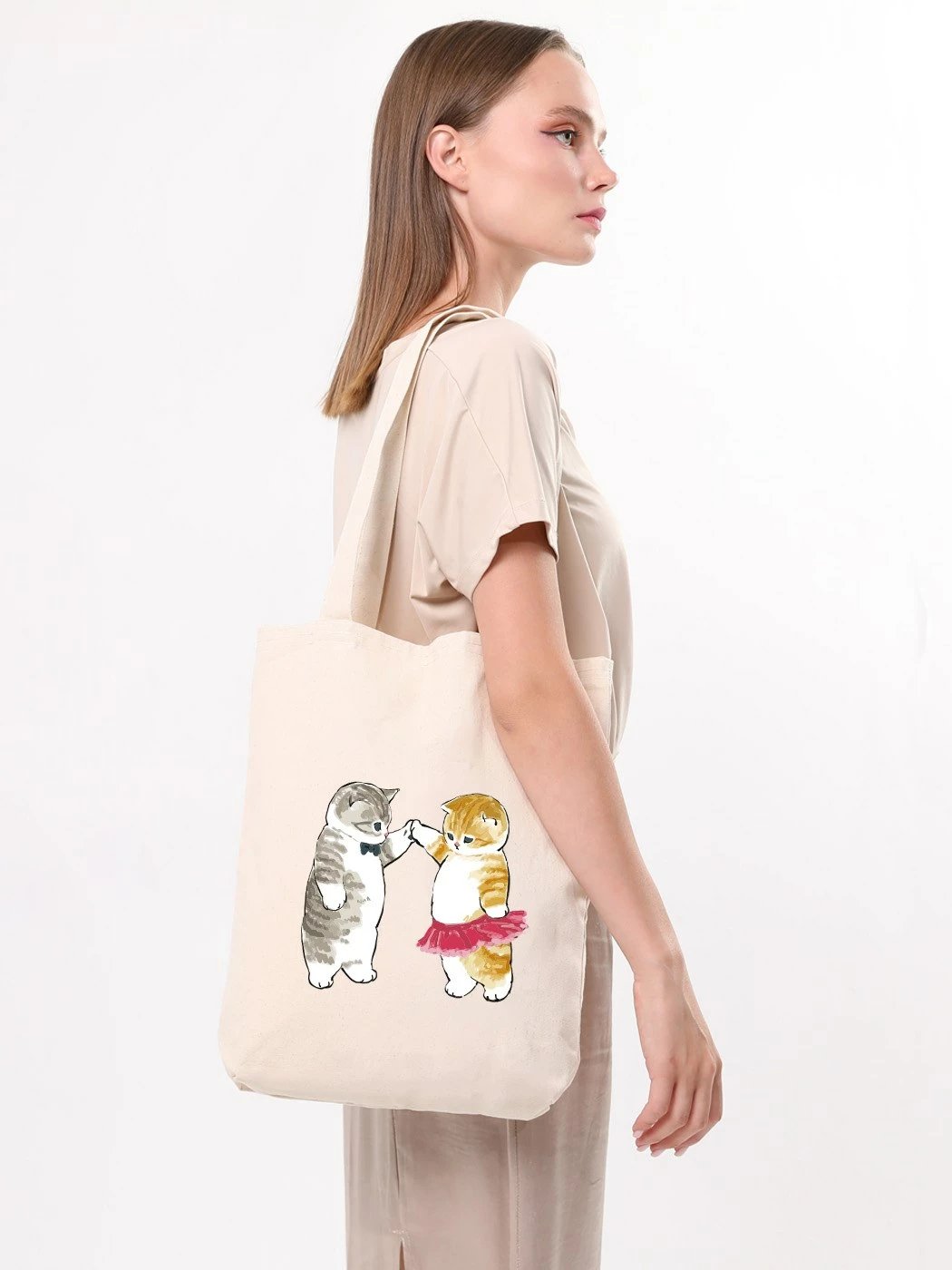 Torbë tote Zoozie Bags, krem, 35x40x8cm, me mace të vizatuara