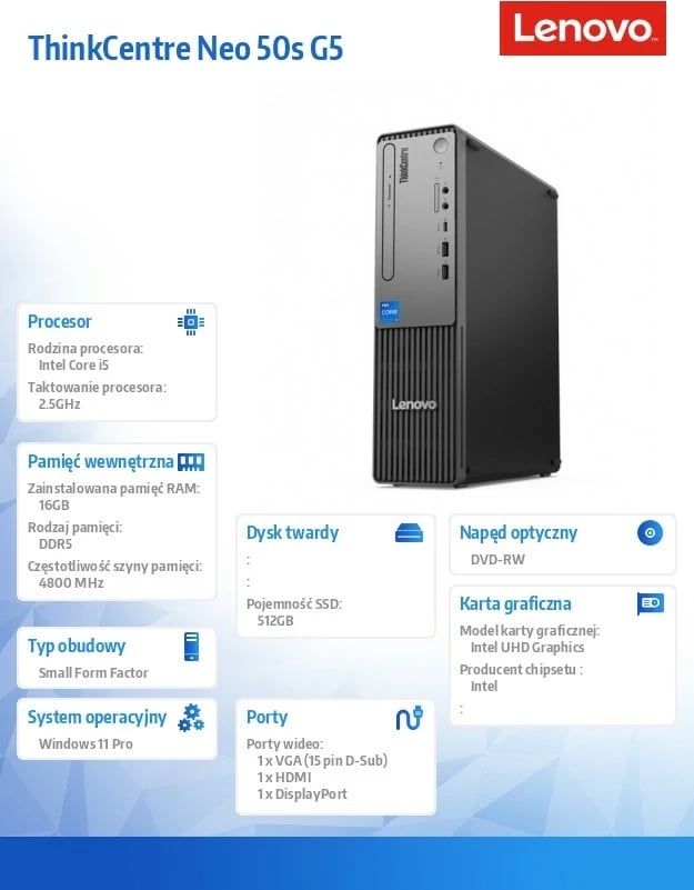 Kasë Lenovo ThinkCentre Neo 50s G5, Intel Core i5-14400, 16 GB RAM, 512 GB SSD, Windows 11 Pro, Zi/Argjendtë