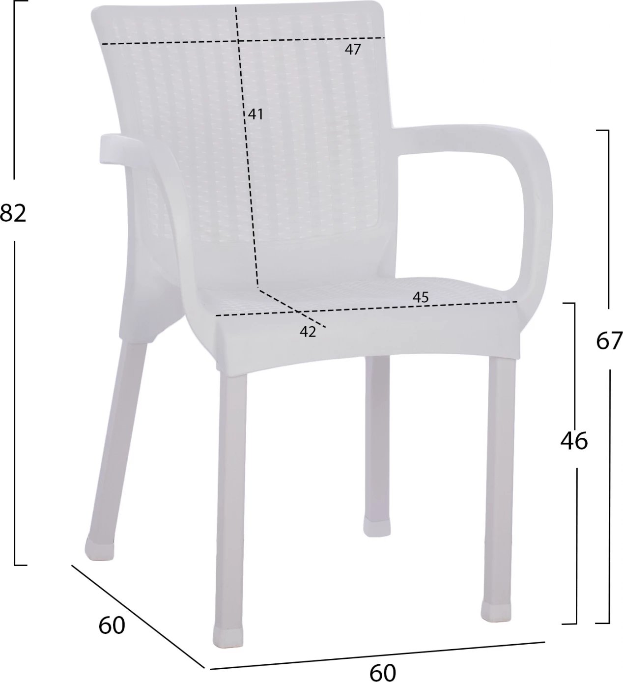 Karrige e bardhë polipropileni rattan, këmbë alumini, FH5591.01, 60x60x82 cm
