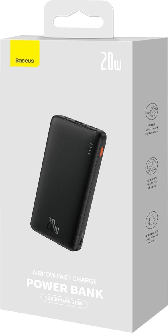 Powerbank Baseus Airpow 10000mAh, 20W, me kabllo USB-A në USB-C, e zezë
