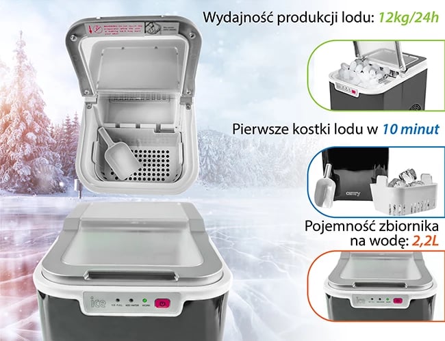 Aparat për kube akulli, Adler, CR 8073, 12kg/24h, depozitë uji 2.2L, kube të para në 10 min, i zi/argjendtë