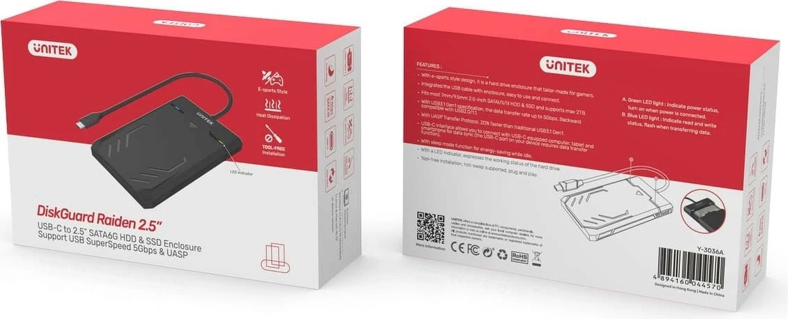Kasë Unitek Y-3036A për HDD/SSD 2.5", USB-C, e zezë