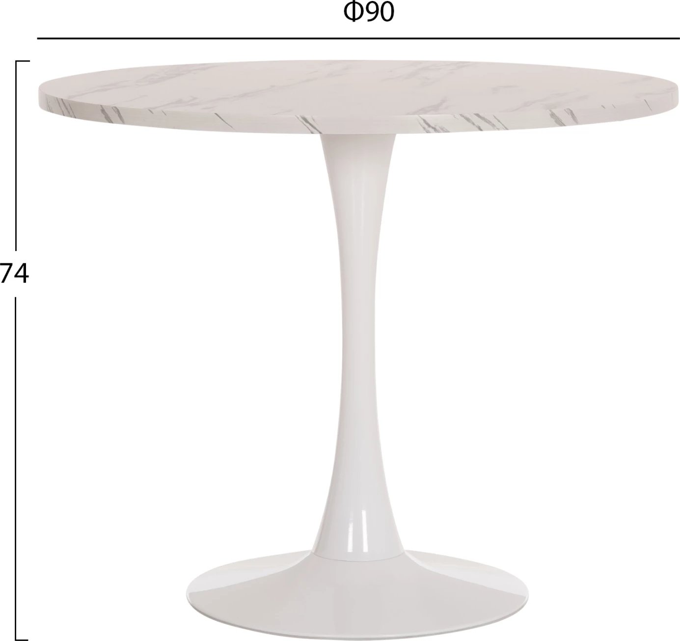 Tavolinë e rrumbullakët ngrënieje ROLLO, ngjyrë mermeri të bardhë, këmbë metalike, FH9421.11, 90x74cm