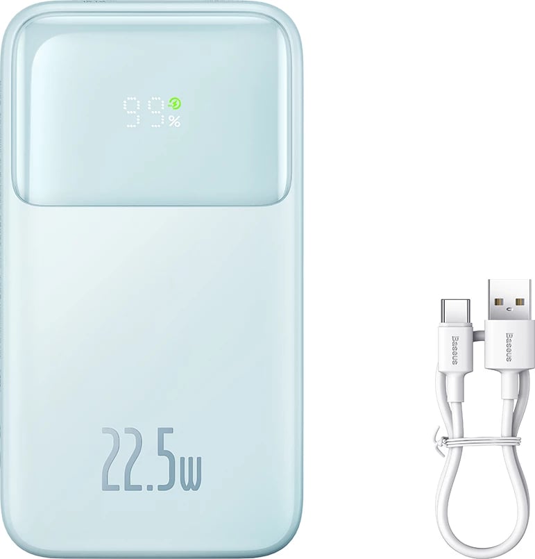 Powerbank Baseus Comet Series PPMD020003, 10000mAh, 22.5W, me ekran, USB-C/Lightning/USB-A, kaltër + kabllo USB-A në USB-C, 0.3m, bardhë