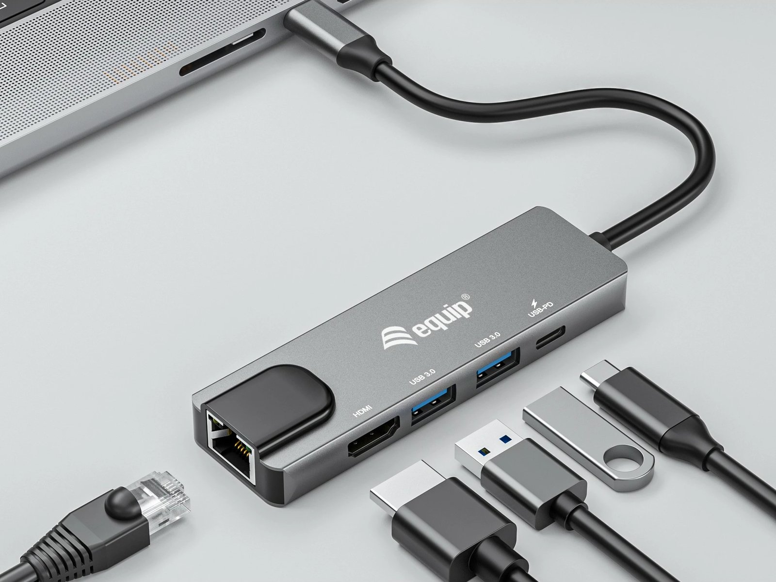 Adapter multifunksional USB-C Equip 133489, 5 porte, HDMI, Gigabit LAN, 100W PD, Gri