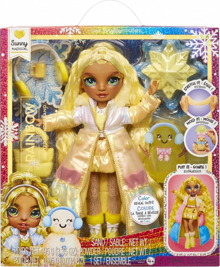 Kukull Rainbow High Winter Wonderland Sunny Madison, 11 inç, me borë magjike dhe aksesorë, Verdhë