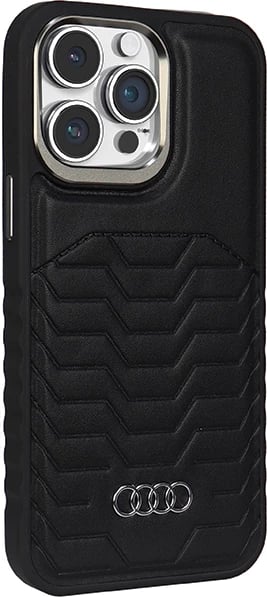 Mbështjellës Audi për iPhone 14 Pro Max, lëkurë sintetike, MagSafe, zi