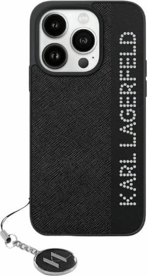 Mbështjellës Karl Lagerfeld Saffiano Rhinestones & Charm për iPhone 15/14/13, i zi