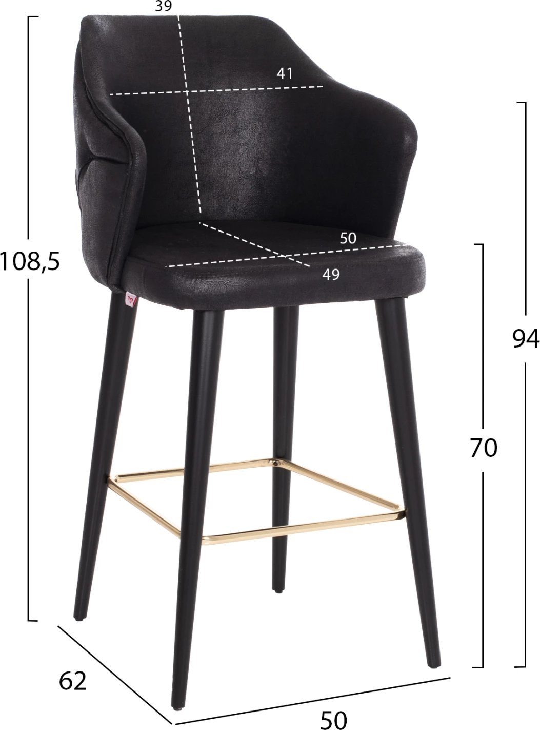 Karrige për bar profesionale FH9281.14, lloj NUBUCK, dru i zi, 50x62x108,5H cm